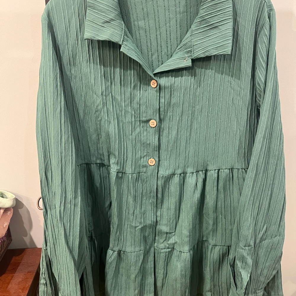 Green Pleated Long Sleeve Button Down Shirt